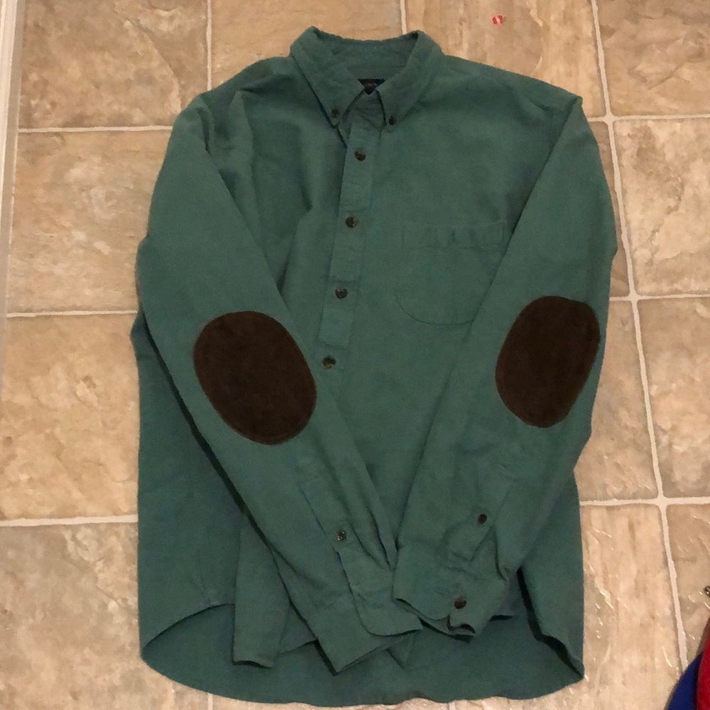 Green J Crew 100% cotton Oxford with hand sewn leather patches on the elbows.